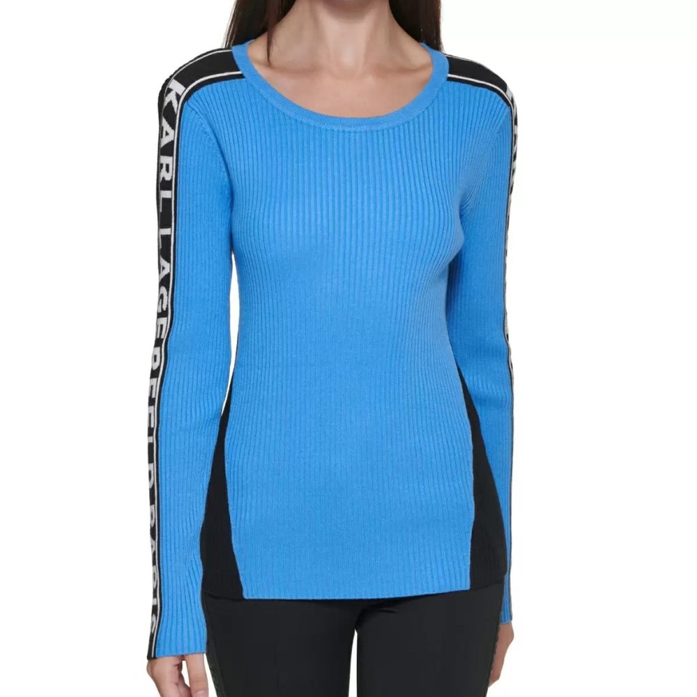 Karl Lagerfeld Paris Logo-Sleeve Ribbed Sweater Medium NWT Blue & Black.